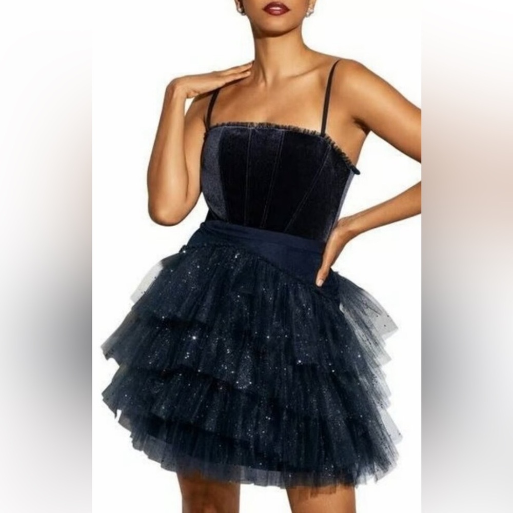 Spring Formal! NWT Betsy & Adam Navy Velvet Glitz Tulle Mini Dress – Size 10